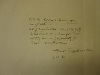 Cm 7718: Junge Mädchen : mit zweiunddreissig Bildnisstudien von Hedda Walther (1932);50 / 5746 (Loewenson, Richard;Eggebrecht, Axel), Von Hand: Name, Datum, Widmung; 'Für Dr. Richard Loewenson, herzlichst. - auf den Seiten 84, 123, 147 braucht man ihn freilich nicht, - im Gegensatz zu Ihrem dankbaren Axel Engelbrecht 3.12.32'. 
