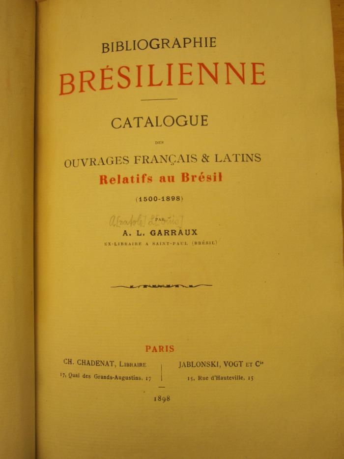 Od 120: Bibliographie Bresilienne Catalogue des ouvrages francais & latins (Relatifs au Brésil 1500-1889) (1898)