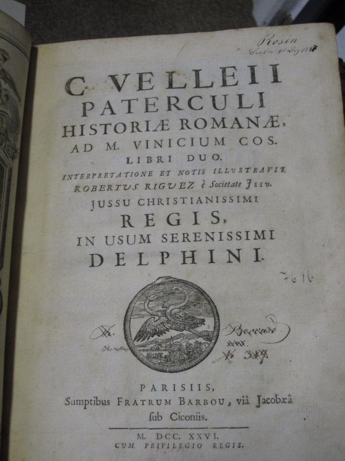 Ab 591: C[aii] Velleii Paterculi Historiae Romanae, ad M. Vinicium cos. libri duc. (1726)