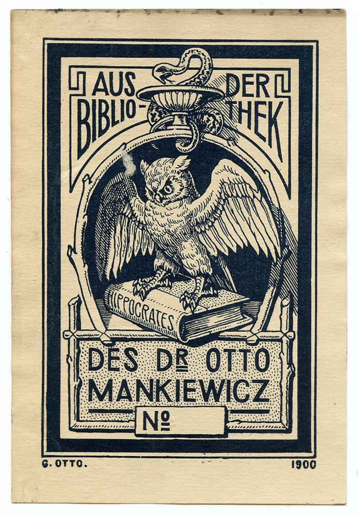 Exlibris-Nr.  130;- (Mankiewicz, Otto), Etikett: Exlibris, Name, Abbildung; 'Aus der Bibliothek des Dr Otto Mankiewicz 
Hippocrates
No
G. Otto.
1900'.  (Prototyp)