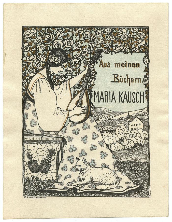 Exlibris-Nr.  141;G45 / 2431 (Kausch, Maria), Etikett: Exlibris, Wappen, Name, Datum, Abbildung; 'Aus meinen Büchern 
Maria Kausch
E. Loeschmann 06.'.  (Prototyp)