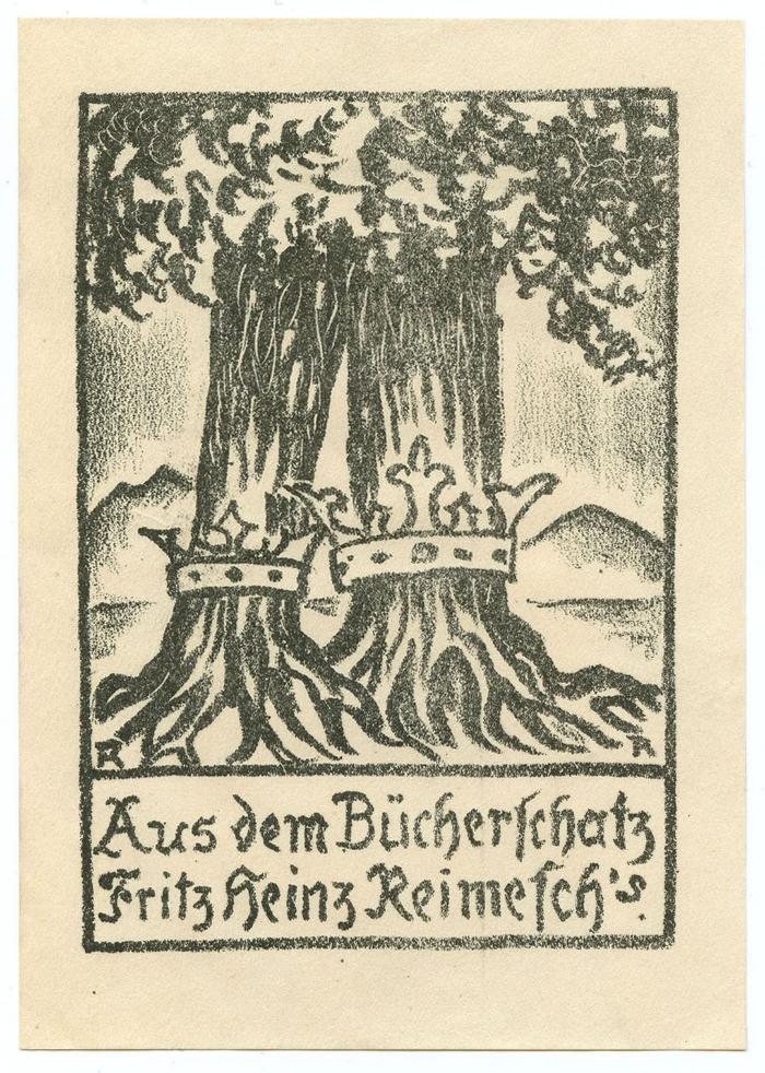 Exlibris-Nr.  136;- (Reimesch, Fritz Heinz), Etikett: Exlibris, Name, Abbildung; 'Aus dem Bücherschatz Fritz Heinz Reimesch's
RR'.  (Prototyp)