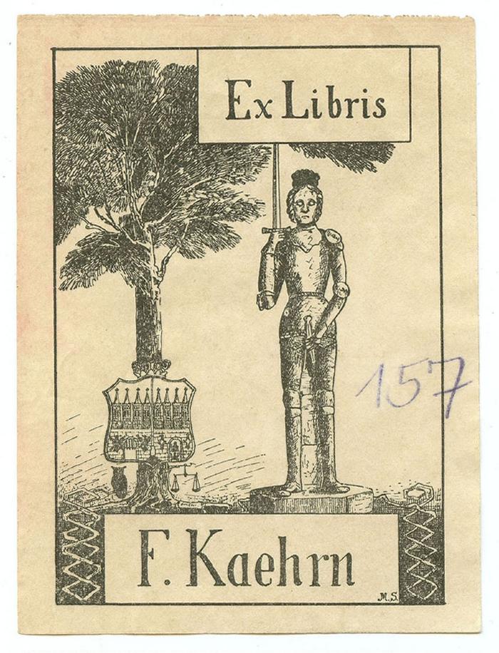 Exlibris-Nr.  003;- (Kaehrn, F.), Etikett: Exlibris, Name, Wappen, Abbildung; 'Exlibris F. Kaehrn
M.S.'.  (Prototyp)