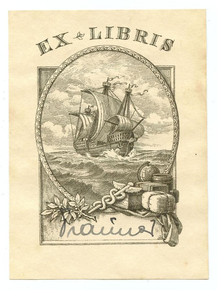 Exlibris-Nr.  019;- (Frauner[?], [?]), Etikett: Exlibris, Autogramm, Name, Abbildung; 'Ex Libris
[Frauner]'.  (Prototyp)