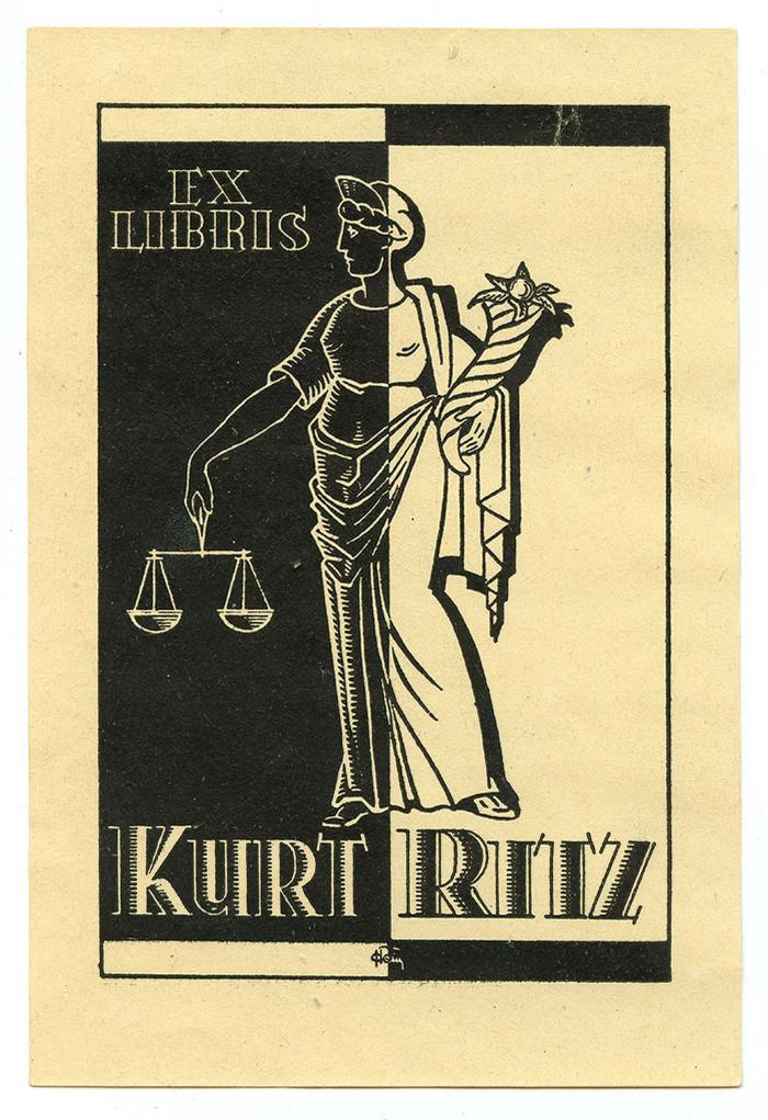 Exlibris-Nr.  005;- (Ritz, Kurt), Etikett: Exlibris, Name, Abbildung; 'Exlibris Kurt Ritz'.  (Prototyp)