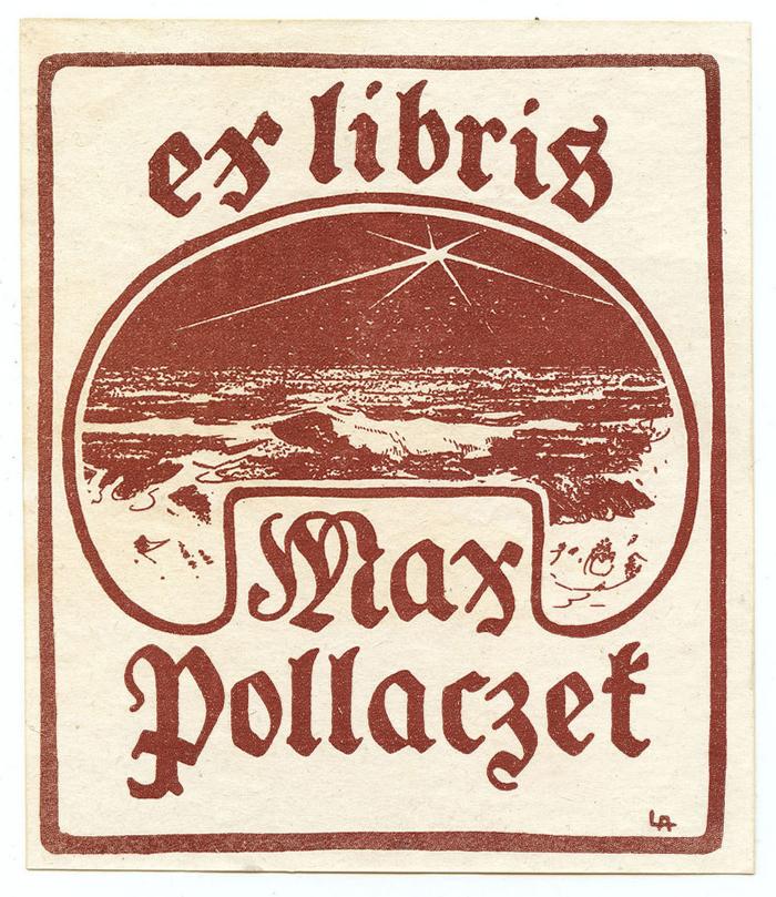 Exlibris-Nr.  120;- (Pollaczek, Max), Etikett: Exlibris, Name, Abbildung; 'Ex Libris Max Pollaczek LA'.  (Prototyp)