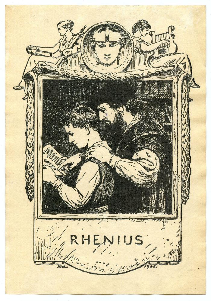 Exlibris-Nr.  116;- (Rhenius, [?]), Etikett: Exlibris, Name, Abbildung; 'Rhenius'.  (Prototyp)
