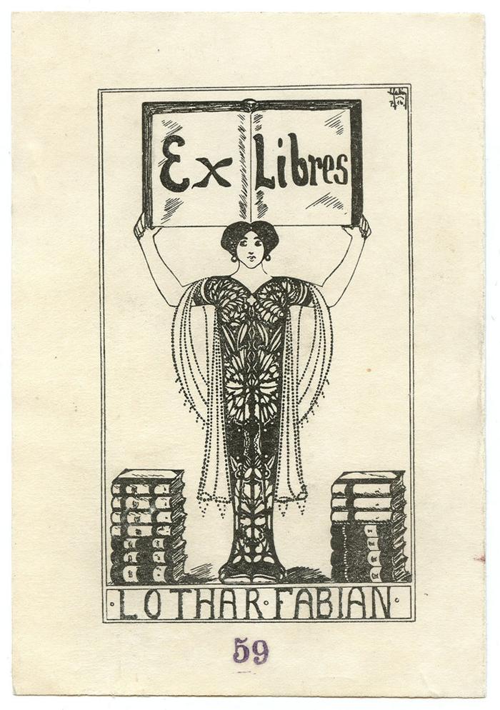 Exlibris-Nr.  139;- (Fabian, Lothar), Etikett: Exlibris, Name, Abbildung; 'Ex Libres Lothar Fabian'.  (Prototyp);- (unbekannt), Stempel: Nummer; '59'. 