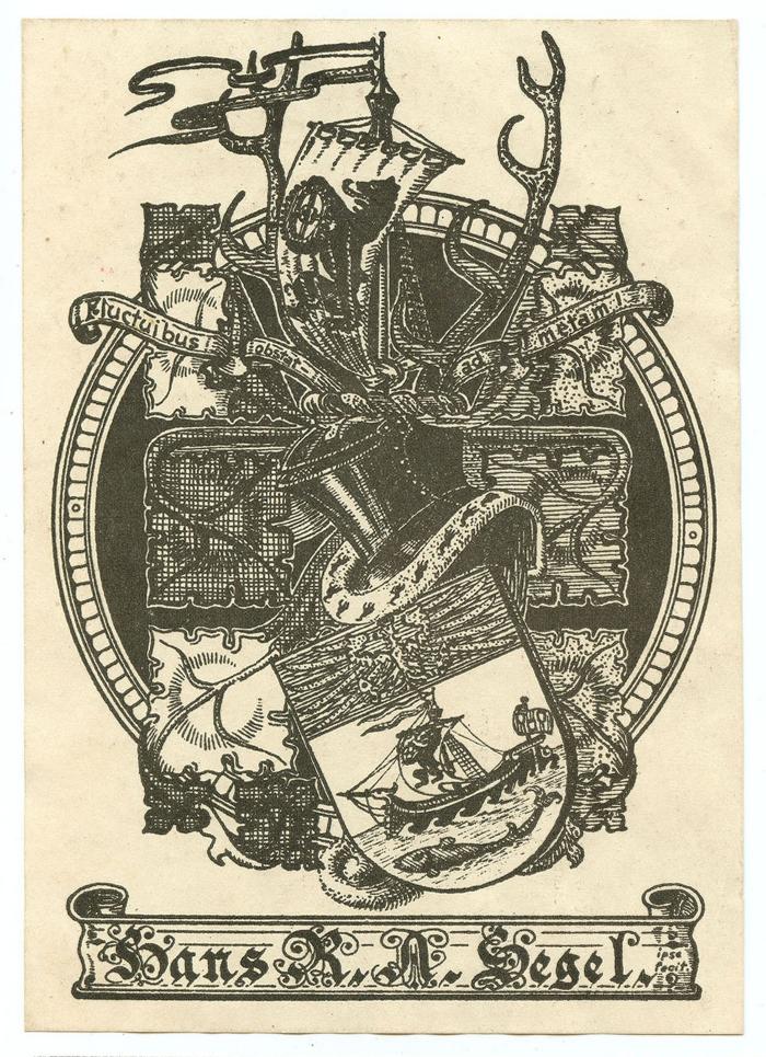 Exlibris-Nr.  006;- (Segel, Hans), Etikett: Exlibris, Name, Motto, Wappen; 'fluctuibus obstat - ad metam!
Hans R. A. Segel.
ipse fecit.'.  (Prototyp)