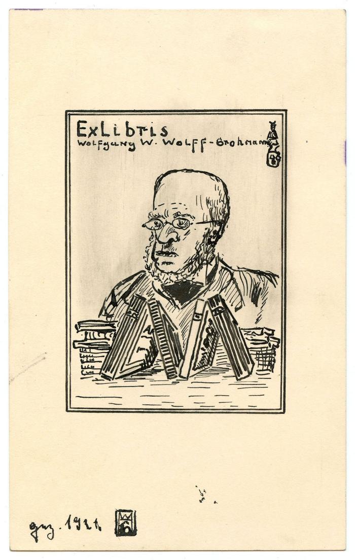 Exlibris-Nr.  143;- (Wolff-Grohmann, Wolfgang W.), Von Hand: Exlibris, Portrait, Name, Monogramm, Datum; 'Ex Libris Wolfgang W. Wolff-Grohmann
gez. 1921 WG'.  (Prototyp)