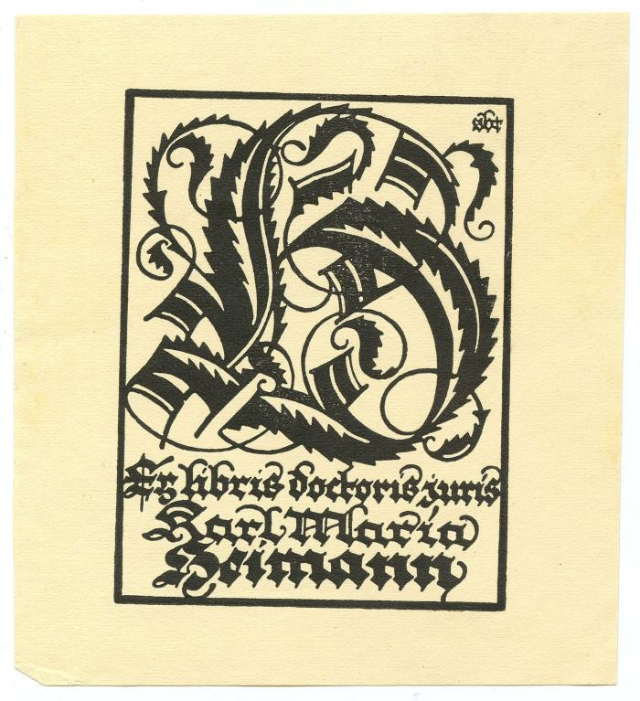 Exlibris-Nr.  127;- (Heimann, Karl Maria), Etikett: Exlibris, Name, Initiale; 'H
Ex Libris doctoris juris Karl Maria Heimann'.  (Prototyp)