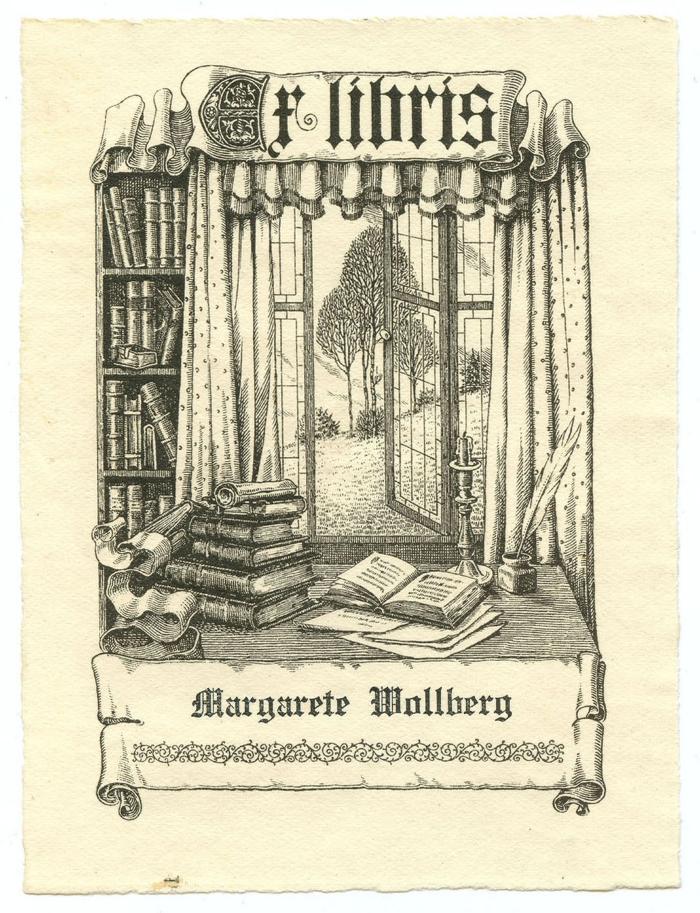 Exlibris-Nr.  114;- (Wollberg, Margarete), Etikett: Exlibris, Name, Abbildung; 'Ex libris Margarete Wollberg'.  (Prototyp)