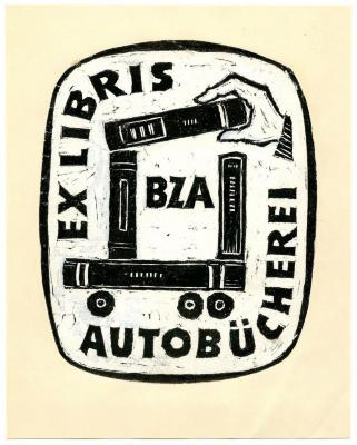 Exlibris-Nr.  002;- (Berliner Autobücherei), Etikett: Exlibris, Name, Abbildung; 'Exlibris BZA Autobücherei'.  (Prototyp)