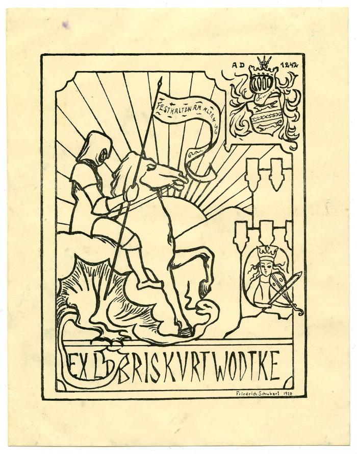 Exlibris-Nr.  129;- (Wodtke, Kurt), Etikett: Exlibris, Motto, Name, Wappen, Datum, Abbildung; 'A D 1242
Festhalten am Alten 
Ex Libris Kurt Wodtke
Friedrich Schubart 1920'.  (Prototyp)