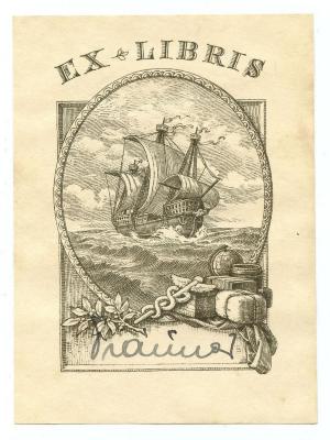 Exlibris-Nr.  019;- (Frauner[?], [?]), Etikett: Exlibris, Autogramm, Name, Abbildung; 'Ex Libris
[Frauner]'.  (Prototyp)