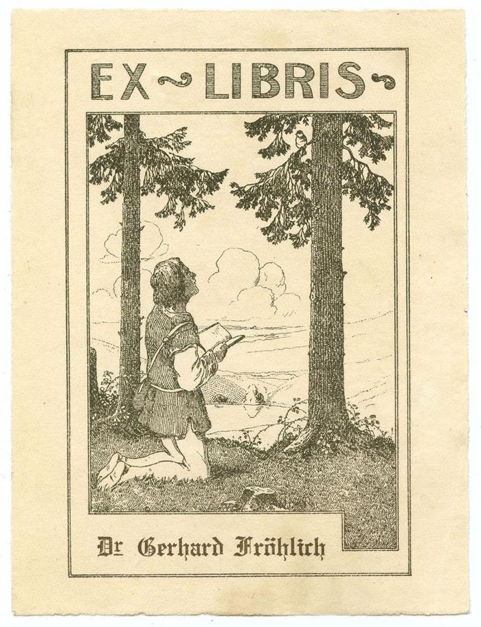Exlibris-Nr.  111;- (Fröhlich, Gerhard), Etikett: Exlibris, Name, Berufsangabe/Titel/Branche, Abbildung; 'Ex Libris Dr. Gerhard Fröhlich'.  (Prototyp)