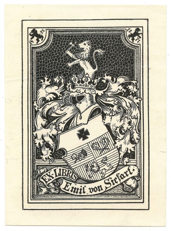 Exlibris-Nr.  057;- (Siefart, Emil von), Etikett: Exlibris, Name, Wappen, Datum; 'Ex-Libris Emil von Siefart 1422 1871'.  (Prototyp)