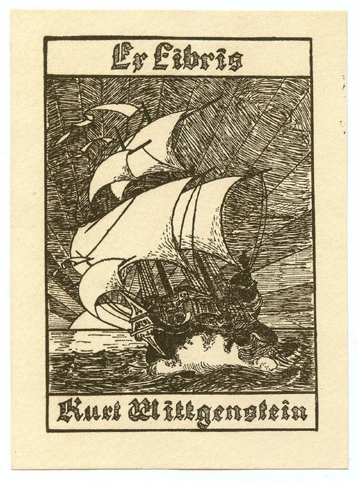 Exlibris-Nr.  071;- (Wittgenstein, Kurt), Etikett: Exlibris, Name, Abbildung; 'Ex Libris Kurt Wittgenstein'.  (Prototyp)