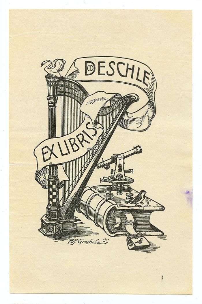 Exlibris-Nr.  049;- (Deschle, I.), Etikett: Exlibris, Name, Abbildung; 'I Deschle Ex Libris
Alf. Grosholz Inv. 11.'.  (Prototyp)