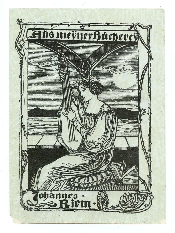 Exlibris-Nr.  045;- (Riem, Johannes), Etikett: Exlibris, Name, Abbildung; 'Aus meÿner Büchereÿ
Johannes Riem
97'.  (Prototyp)