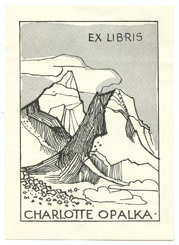 Exlibris-Nr.  054;- (Opalka, Charlotte), Etikett: Exlibris, Name, Abbildung; 'Ex Libris Charlotte Opalka
H.O.'.  (Prototyp)