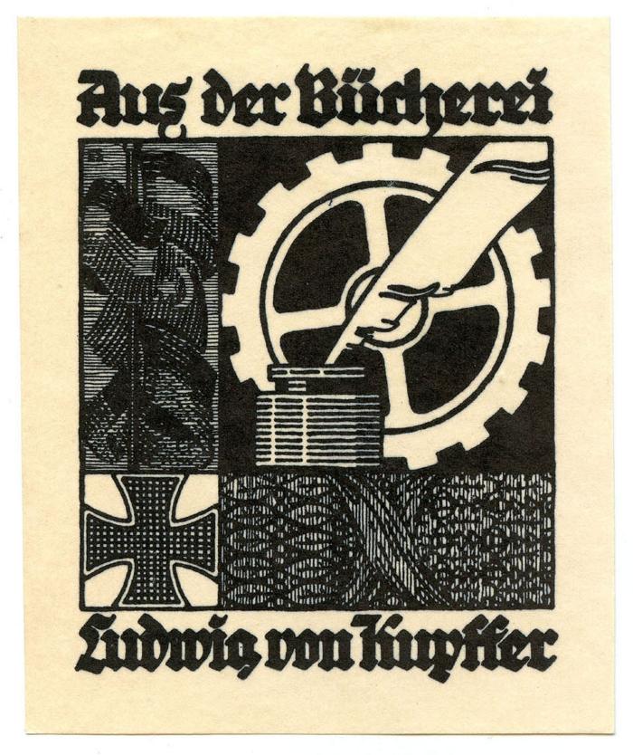 Exlibris-Nr.  094;- (Kupffer, Ludwig von), Etikett: Exlibris, Name, Abbildung; 'Aus der Bücherei Ludwig von Kupffer'.  (Prototyp)