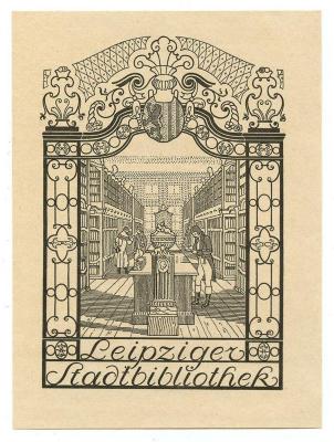 Exlibris-Nr.  022;- (Leipziger Stadtbibliothek), Etikett: Exlibris, Name, Ortsangabe, Abbildung; 'Leipziger Stadtbibliothek'.  (Prototyp)