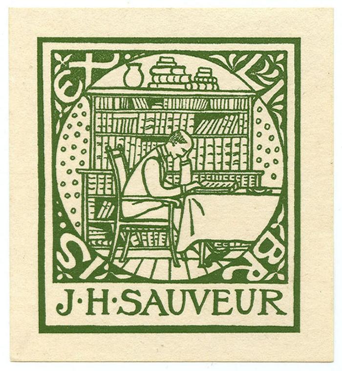 Exlibris-Nr.  073;- (Sauveur, Jean Henri), Etikett: Exlibris, Name, Abbildung; 'Exlibris J.H. Sauveur'.  (Prototyp)