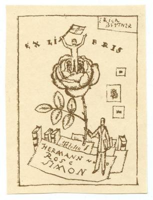 Exlibris-Nr. 042;- (Simon, Hermann;Simon, Rose), Etikett: Exlibris, Name, Abbildung; 'Ex Libris Hermann und Rose Simon
Erich Büttner'.  (Prototyp)