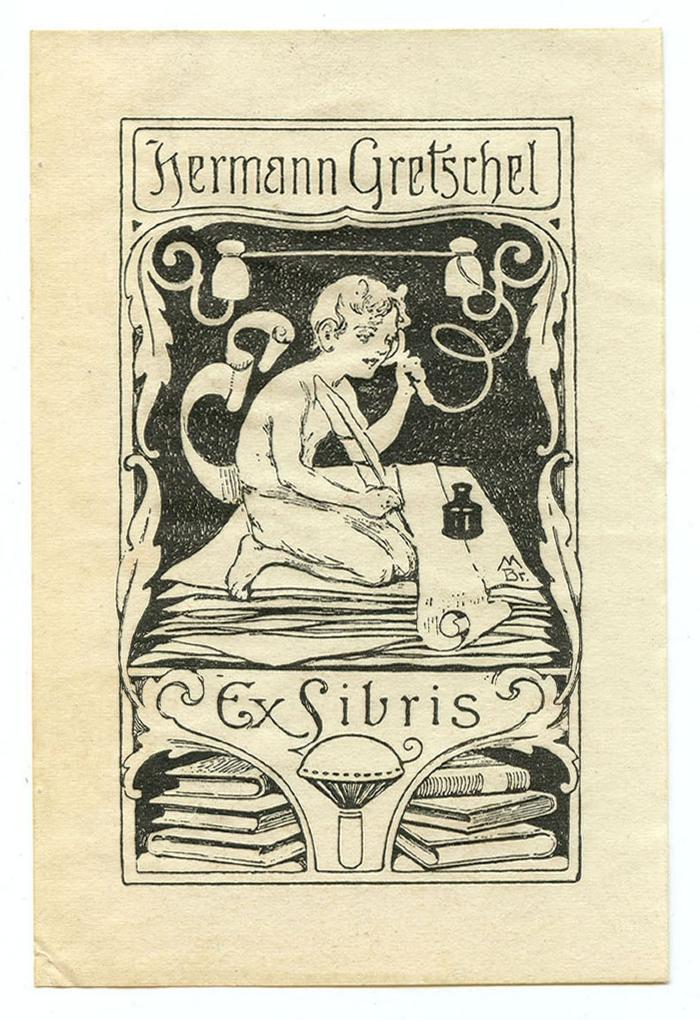 Exlibris-Nr.  033;- (Gretschel, Hermann), Etikett: Exlibris, Name, Abbildung; 'Hermann Gretschel 
Ex Libris 
M Br'.  (Prototyp)