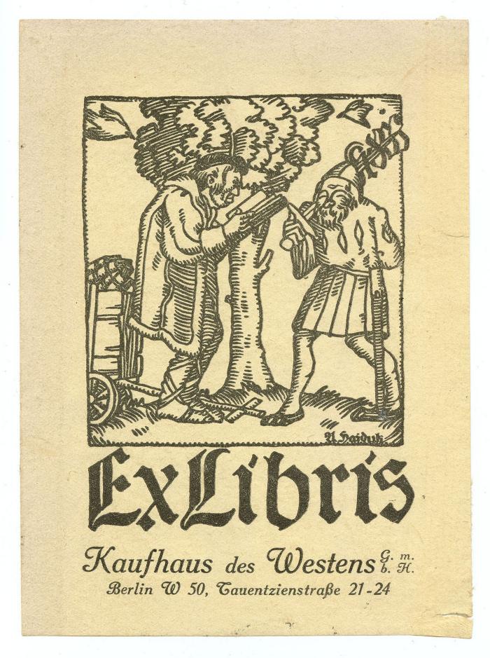 G46 / 710 (Kaufhaus des Westens), Etikett: Exlibris, Name, Ortsangabe, Abbildung; 'KDW
Ex Libris
Kaufhaus des Westens G.m.b.H. 
Berlin W 50, Tauentzienstraße 21-24
A Haiduk'.  (Prototyp);Exlibris-Nr.  041