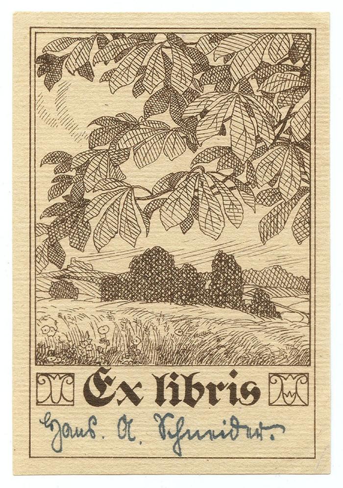 Exlibris-Nr.  025;- (Schneider, Hans A.), Etikett: Exlibris; 'Ex libris'.  (Prototyp);- (Schneider, Hans A.), Von Hand: Autogramm, Name; 'Hans A. Schneider'. 