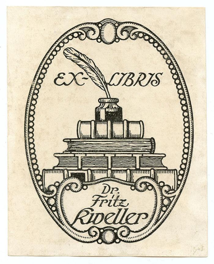 Exlibris-Nr.  031;- (Kweller, Fritz), Etikett: Exlibris, Name, Berufsangabe/Titel/Branche, Abbildung; 'Ex-Libris
Dr. Fritz Kweller'.  (Prototyp)