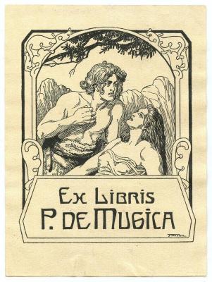 Exlibris-Nr.  068;G46 / 1967 (Mugica, Pedro de), Etikett: Exlibris, Name, Abbildung; 'Ex Libris
P. de Mugica
FStassen'.  (Prototyp)