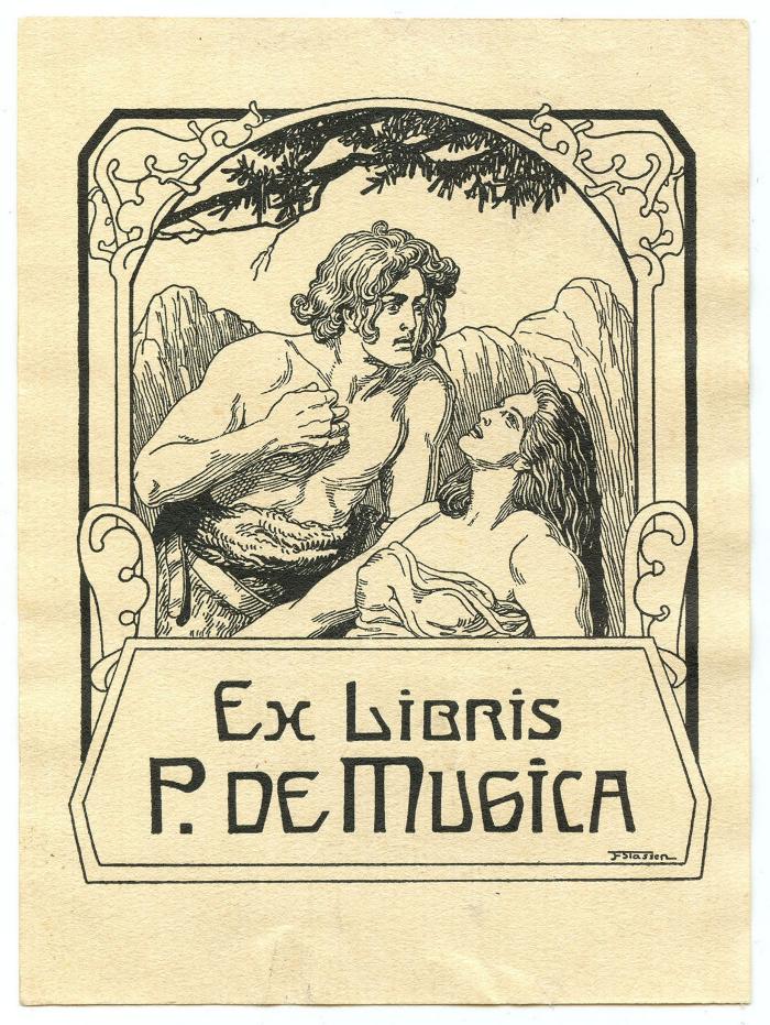 Exlibris-Nr.  068;G46 / 1967 (Mugica, Pedro de), Etikett: Exlibris, Name, Abbildung; 'Ex Libris
P. de Mugica
FStassen'.  (Prototyp)