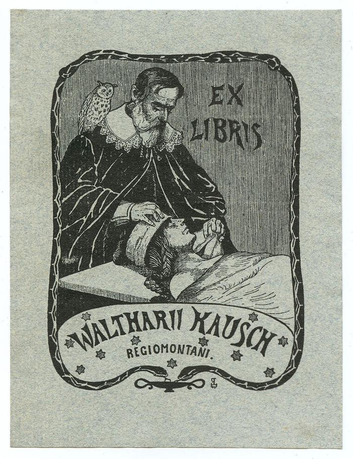 Exlibris-Nr.  051;G46 / 664 (Kausch, Walther), Etikett: Exlibris, Portrait, Name, Ortsangabe; 'Ex Libris Waltharii Kausch Regiomontani'.  (Prototyp)