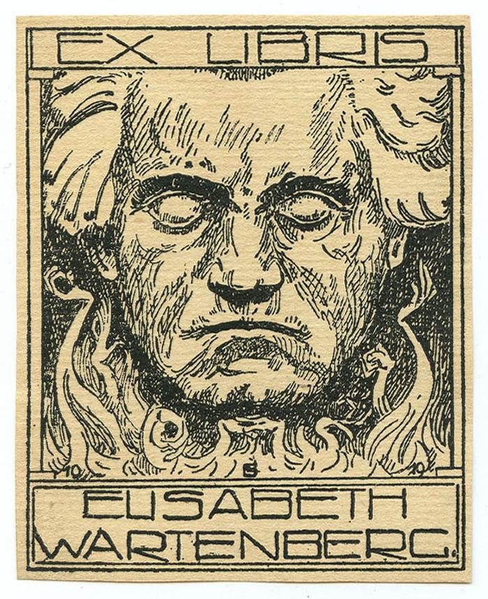Exlibris-Nr.  075;- (Wartenberg, Elisabeth), Etikett: Exlibris, Portrait, Name, Datum; 'Exlibris Elisabeth Wartenberg 1919'.  (Prototyp)
