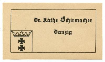 Exlibris-Nr.  062;- (Schirmacher, Käthe), Etikett: Exlibris, Berufsangabe/Titel/Branche, Name, Emblem, Ortsangabe; 'Dr. Käthe Schirmacher Danzig'.  (Prototyp)