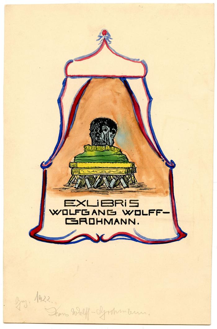 Exlibris-Nr.  145;- (Wolff-Grohmann, Wolfgang W.), Von Hand: Exlibris, Name, Datum; 'Exlibris Wolfgang Wolff-Grohmann
gez. 1922. Hans Wolff-Grohmann
Förslag till Länstol af mörkbonad ek
70 cm
38 cm'.  (Prototyp)
