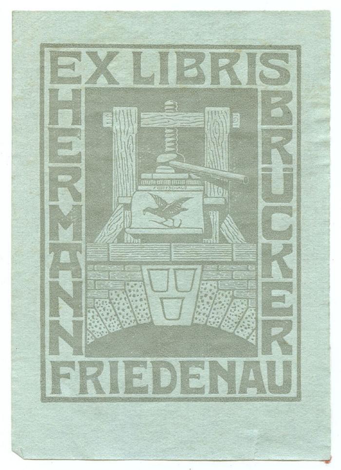 Exlibris-Nr.  096;- (Brücker, Hermann), Etikett: Exlibris, Name, Ortsangabe, Abbildung; 'Exlibris Hermann Brücker Friedenau
F Gottschalg'.  (Prototyp)