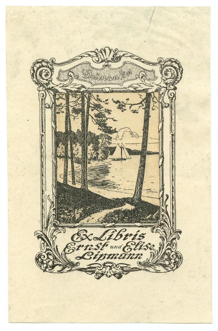 Exlibris-Nr.  112;- (Lipmann, Ernst;Lipmann, Elise), Etikett: Exlibris, Name, Ortsangabe, Datum, Abbildung; 'Grünau F/S 06
Ex Libris Ernst und Elise Lipmann'.  (Prototyp)