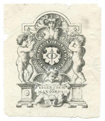 Exlibris-Nr.  034;- (Jordan, Max), Etikett: Exlibris, Name, Abbildung; 'Eigenthum von Max Jordan'.  (Prototyp)