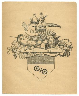 Exlibris-Nr.  063;- (Cahn, Wilhelm), Etikett: Exlibris, Wappen, Name, Abbildung; 'Wilhelm Cahn'.  (Prototyp)