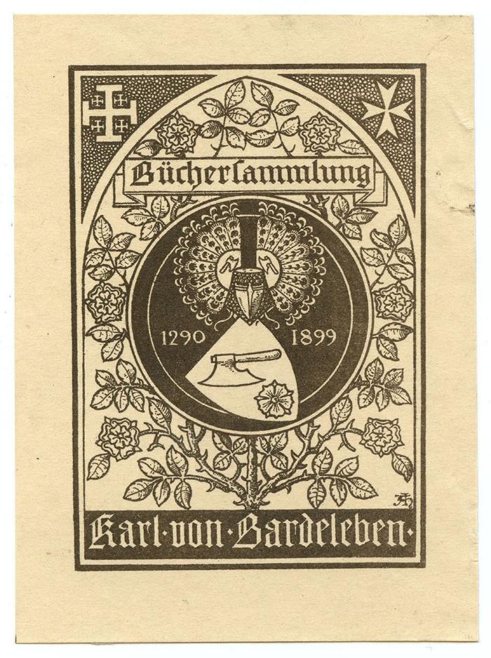 Exlibris-Nr.  242;- (Bardeleben, Karl von), Etikett: Exlibris, Wappen, Name, Datum, Abbildung; 'Büchersammlung Karl von Bardeleben
1290 1899'.  (Prototyp)