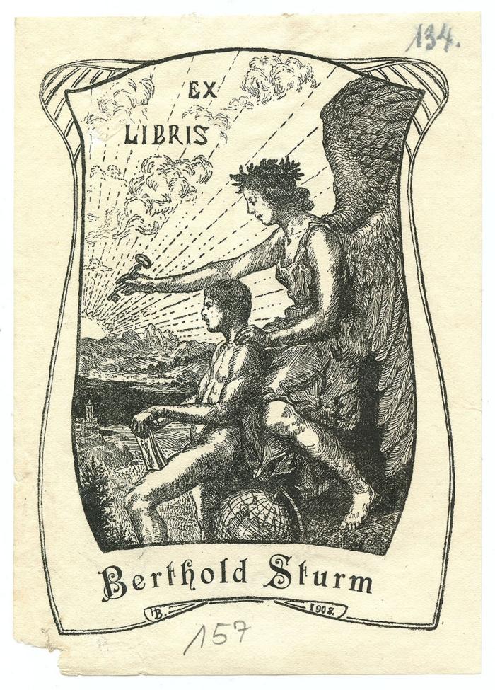 Exlibris-Nr.  225;- (Sturm, Berthold), Etikett: Name, Exlibris, Initiale, Datum, Abbildung; 'Ex Libris 
Berthold Sturm
HB 1908'.  (Prototyp);- (unbekannt), Von Hand: Nummer; '134.'. 