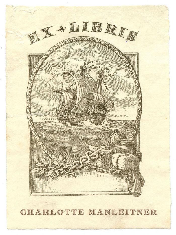 Exlibris-Nr.  169;- (Manleitner, Charlotte), Etikett: Exlibris, Name, Abbildung; 'Ex Libris Charlotte Manleitner'.  (Prototyp)
