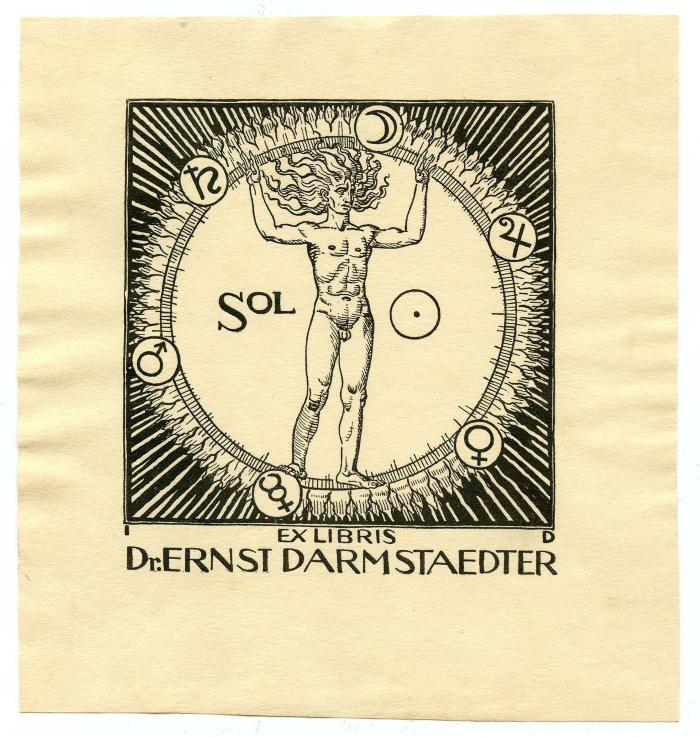 Exlibris-Nr.  154;- (Darmstaedter, Ernst), Etikett: Exlibris, Name, Berufsangabe/Titel/Branche, Initiale, Abbildung; 'Sol 
Ex Libris 
Dr. Ernst Darmstaedter
I D'.  (Prototyp)