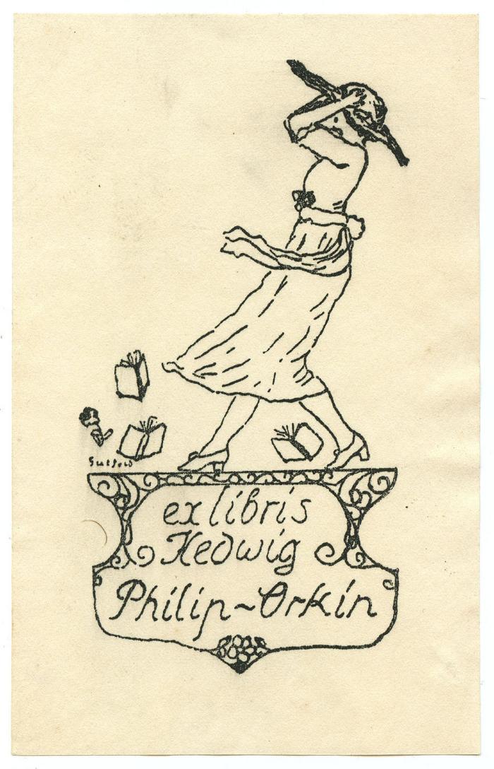 Exlibris-Nr.  168;- (Philip-Orkin, Hedwig), Etikett: Exlibris, Name, Abbildung; 'Ex Libris Hedwig Philip-Orkin
Gutfeld'.  (Prototyp)
