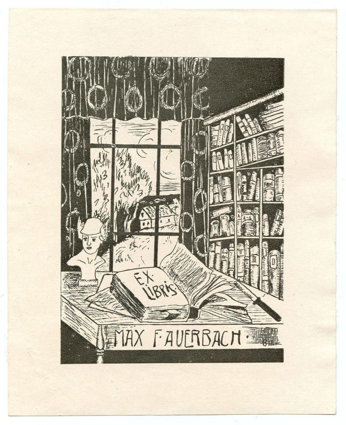 Exlibris-Nr.  239;- (Auerbach, Max F.), Etikett: Exlibris, Name, Abbildung; 'Ex Libris Max F Auerbach'.  (Prototyp)