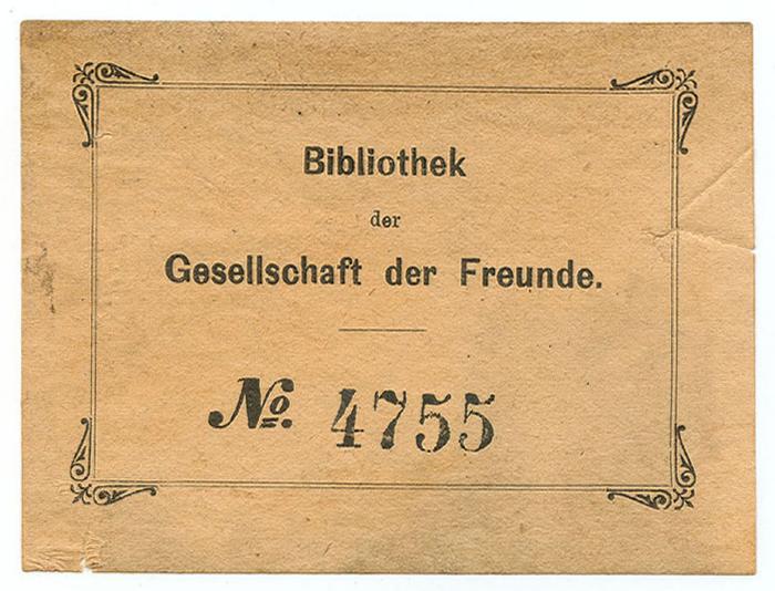 Exlibris-Nr.  224;- (Gesellschaft der Freunde (Berlin)), Etikett: Exlibris, Name; 'Bibliothek der Gesellschaft der Freunde No'.  (Prototyp);- (Gesellschaft der Freunde (Berlin)), Stempel: Signatur; '4755'. 